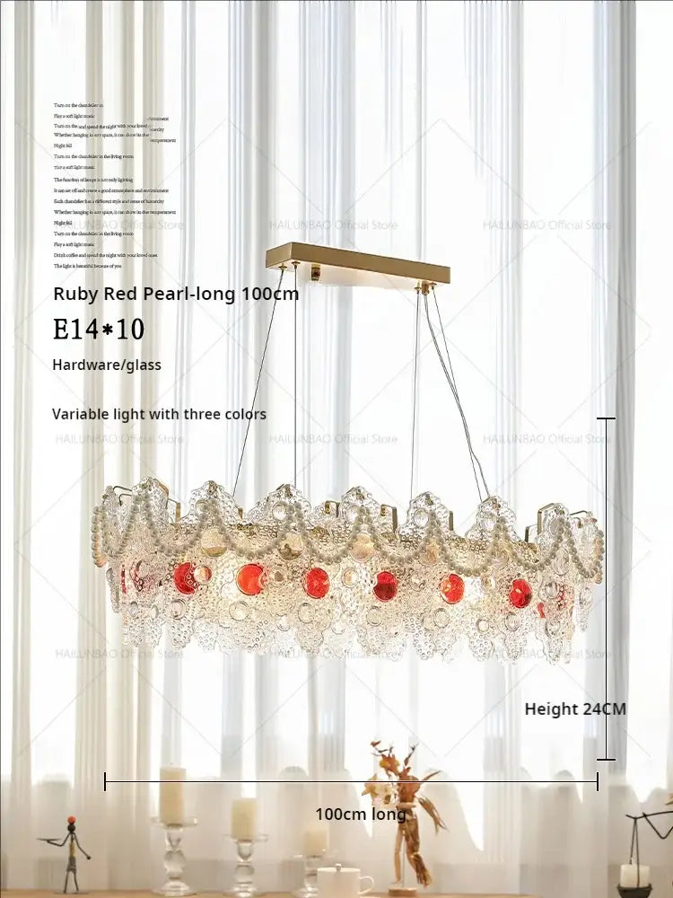 A 100cm decorbites crystal chandelier with gold hardware and red pearl accents for elegant retro lighting in various rooms