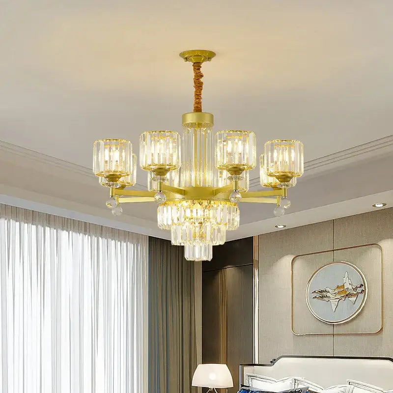 DecorBites crystal chandelier with gold-toned frame, clear crystal accents, and twisted rope suspension for elegant lighting