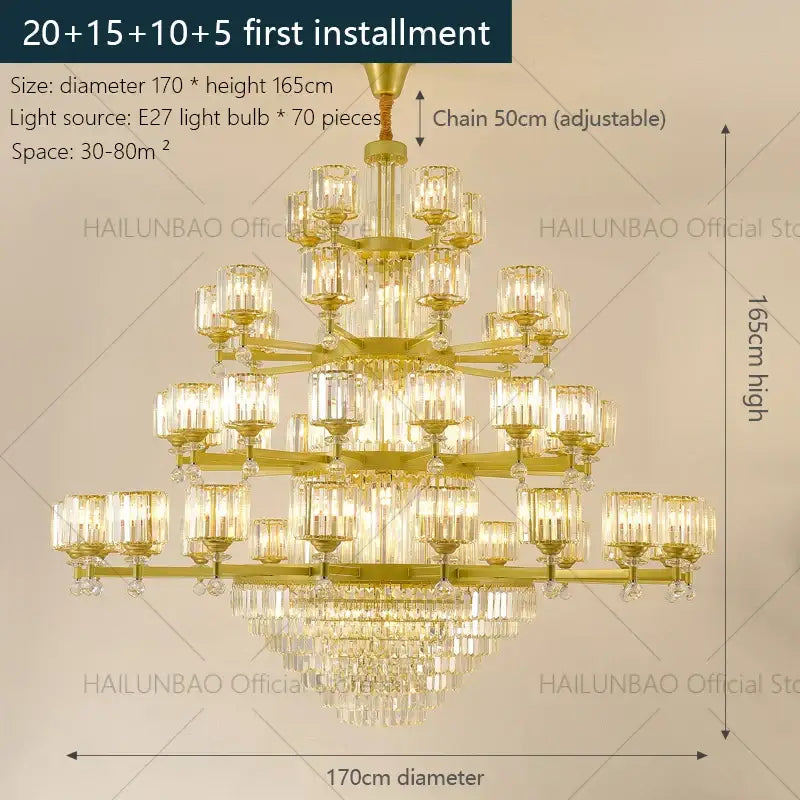 Gold-toned decorbites crystal chandelier with multiple tiers of crystal glass shades and dangling crystals for elegant lighting