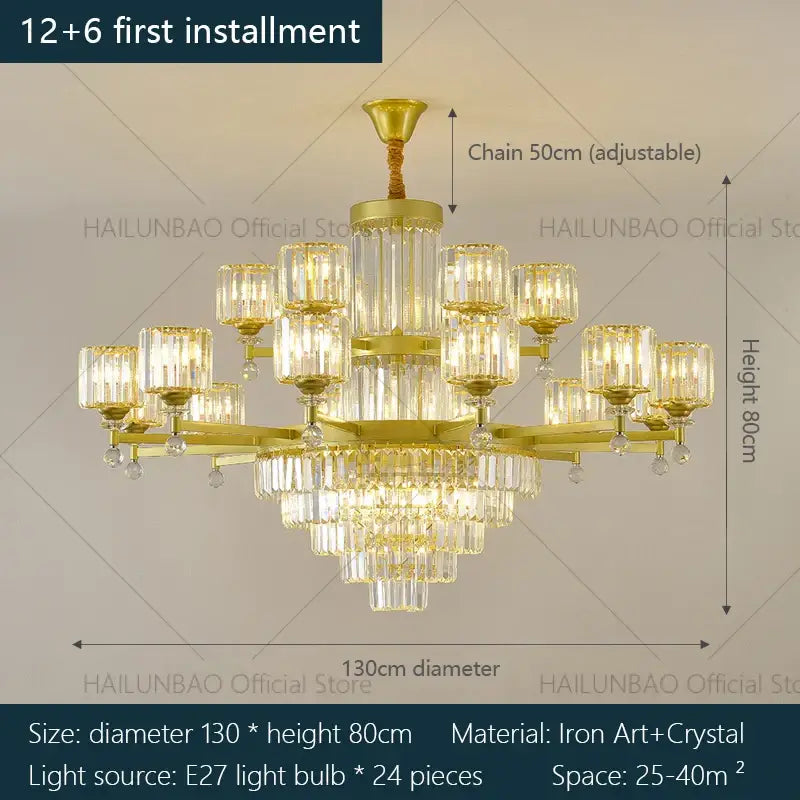 Gold-toned decorbites crystal chandelier with iron art frame and crystal prisms for elegant living room and dining area lighting