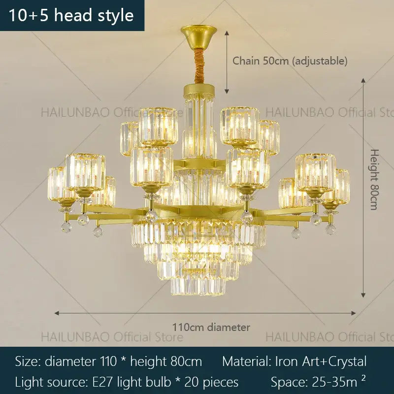 Golden 10+5 head decorbites crystal chandelier with crystal accents and adjustable chain for living room and dining area