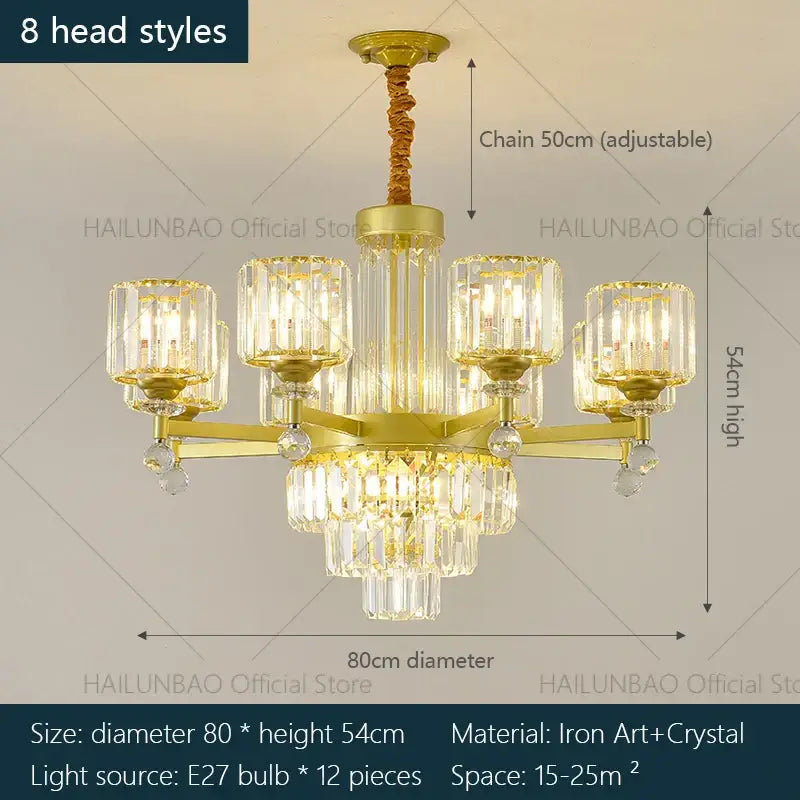 Gold-toned decorbites crystal chandelier with eight light fixtures and crystal accents for elegant living spaces