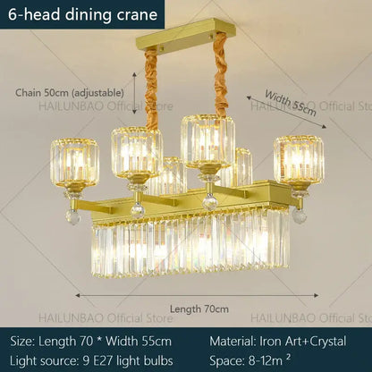 Gold-toned six-head decorbites crystal chandelier with crystal glass shades and twisted metal chains for elegant lighting