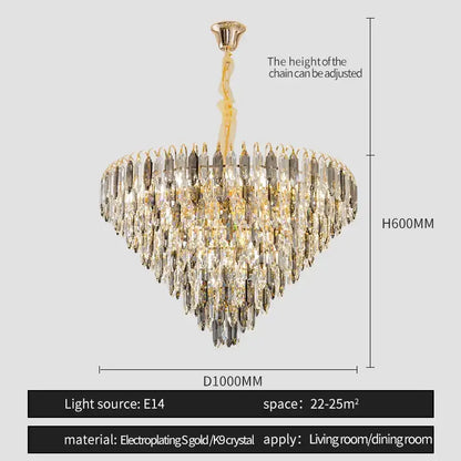 DecorBites crystal chandelier gold-plated with clear and smoky crystal prisms for elegant living room and hotel lobby lighting
