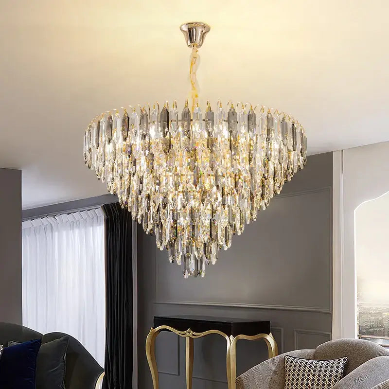 DecorBites crystal chandelier heart-shaped with clear and gold glass prisms for elegant living room and lobby lighting