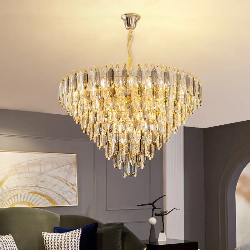 DecorBites crystal chandelier with gold-toned tiers and clear amber glass prisms for elegant loft or lobby lighting