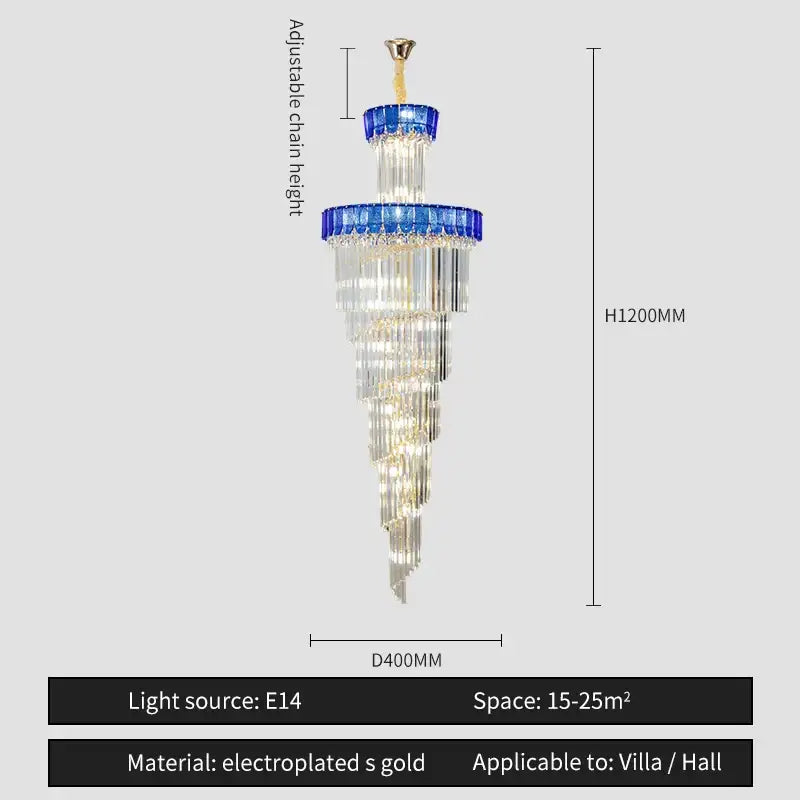 Elegant decorbites crystal chandelier with clear crystal prisms blue glass accents and electroplated gold finish