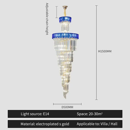 Decorbites crystal chandelier with cascading clear prisms and blue glass rings in electroplated gold for elegant villa lighting