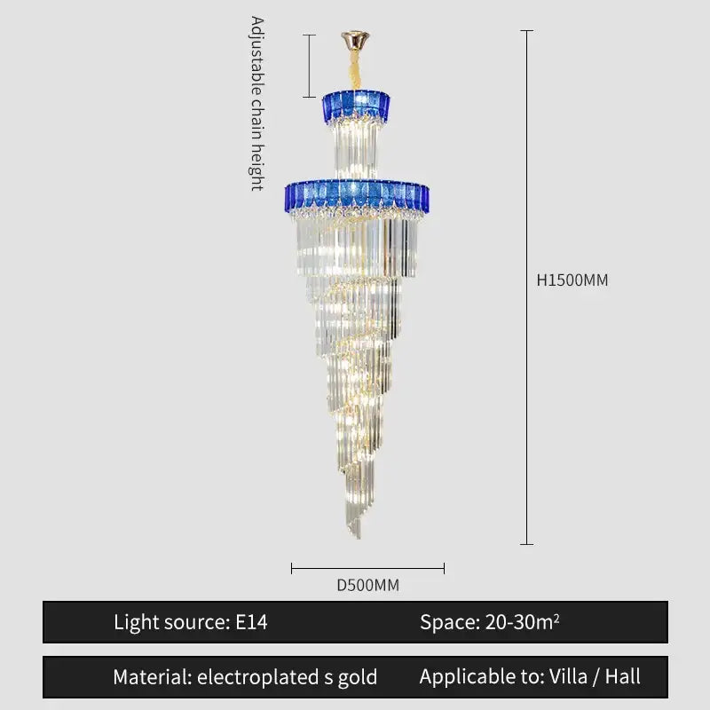 Decorbites crystal chandelier with cascading clear prisms and blue glass rings in electroplated gold for elegant villa lighting