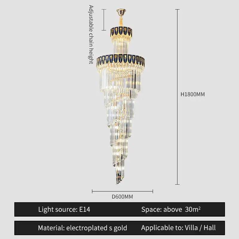 A tall decorbites crystal chandelier with cascading crystal tiers and gold electroplated accents for villa lighting