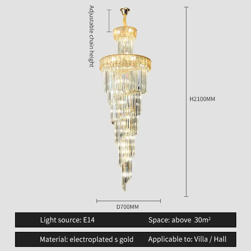 Decorbites crystal chandelier with golden electroplated frame and cascading crystal tiers for elegant villa lighting