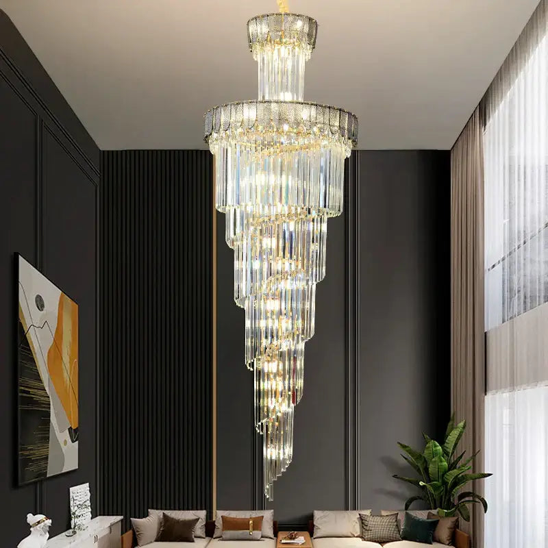 DecorBites crystal chandelier with multi-tiered cascading glass rods and gold-toned metal frame for elegant villa lighting