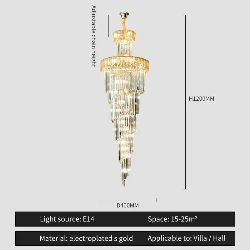 A luxurious gold-toned decorbites crystal chandelier with cascading crystal tiers and adjustable chain for elegant villa lighting