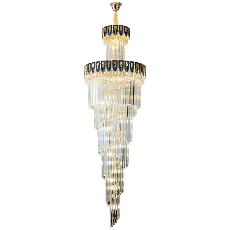 DecorBites crystal chandelier with cascading clear crystal rods and gold-toned accents for elegant villa lighting