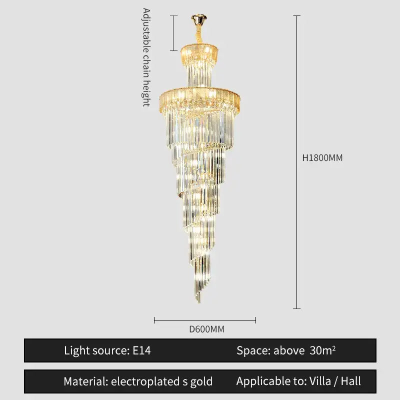 Decorbites crystal chandelier with tiered cascading crystal prisms and gold electroplated accents for elegant villa lighting