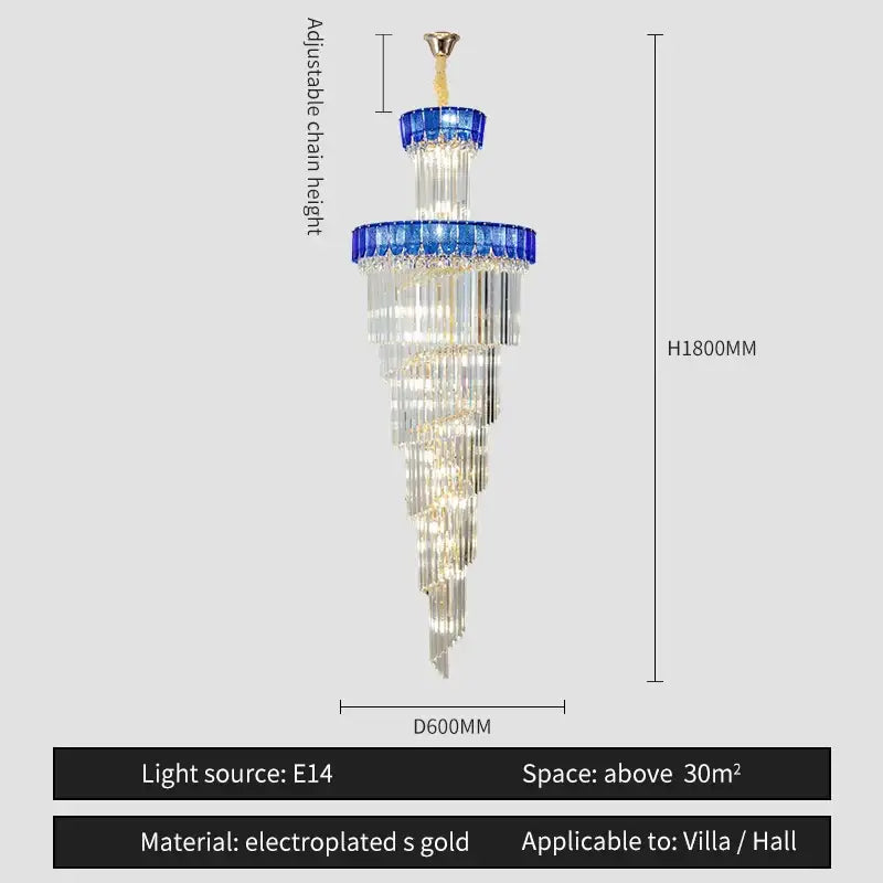 Decorbites crystal chandelier with cascading clear crystal and blue glass tiers electroplated gold finish for villa living room
