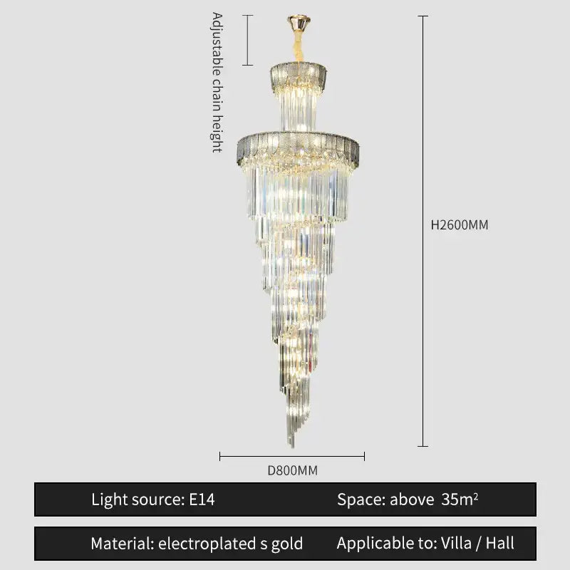 Decorbites crystal chandelier tiered with electroplated gold finish and adjustable chain for elegant villa lighting