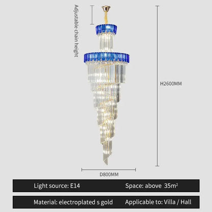 Elegant villa living room decorbites crystal chandelier in blue and clear crystals with electroplated gold accents