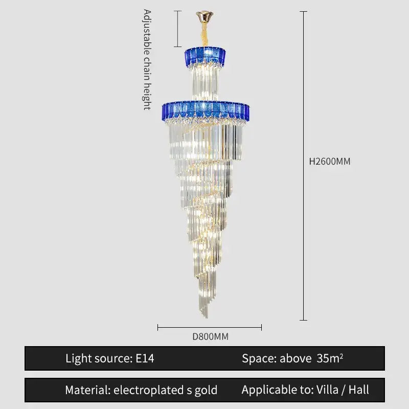 Elegant villa living room decorbites crystal chandelier in blue and clear crystals with electroplated gold accents