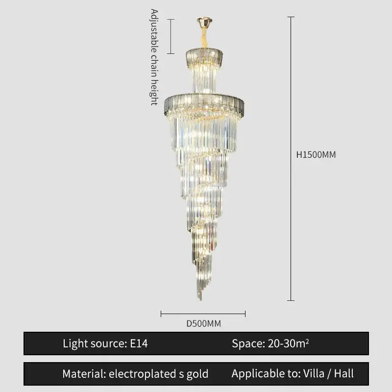 DecorBites crystal chandelier tiered with adjustable chain gold electroplated hardware and clear glass prisms for villa lighting