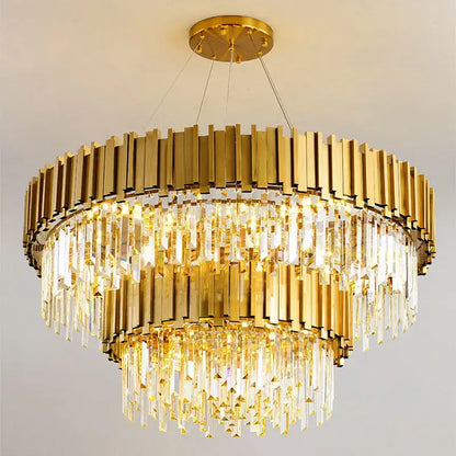 Golden brass and crystal tiered decorbites crystal chandelier with cascading rectangular prisms for living room and bedroom