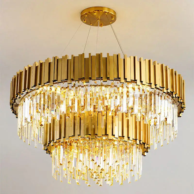 Golden brass and crystal tiered decorbites crystal chandelier with cascading rectangular prisms for living room and bedroom