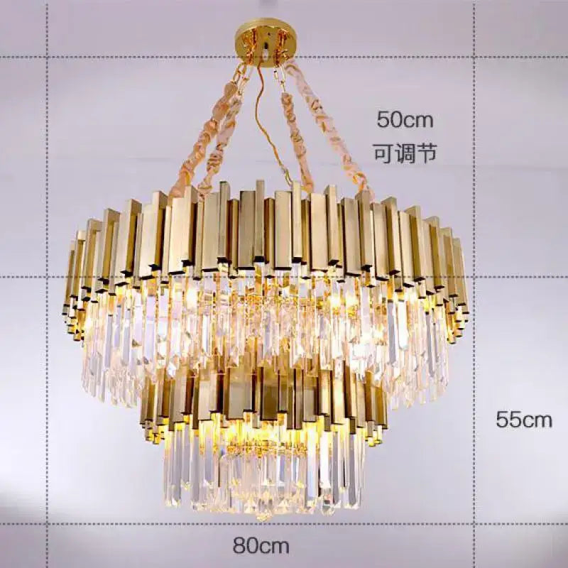 Gold-toned decorbites crystal chandelier with tiered rectangular crystals and metallic rods for living room and bedroom