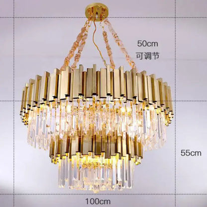Gold-toned decorbites crystal chandelier with tiered metallic bars and cascading prisms for elegant living space lighting
