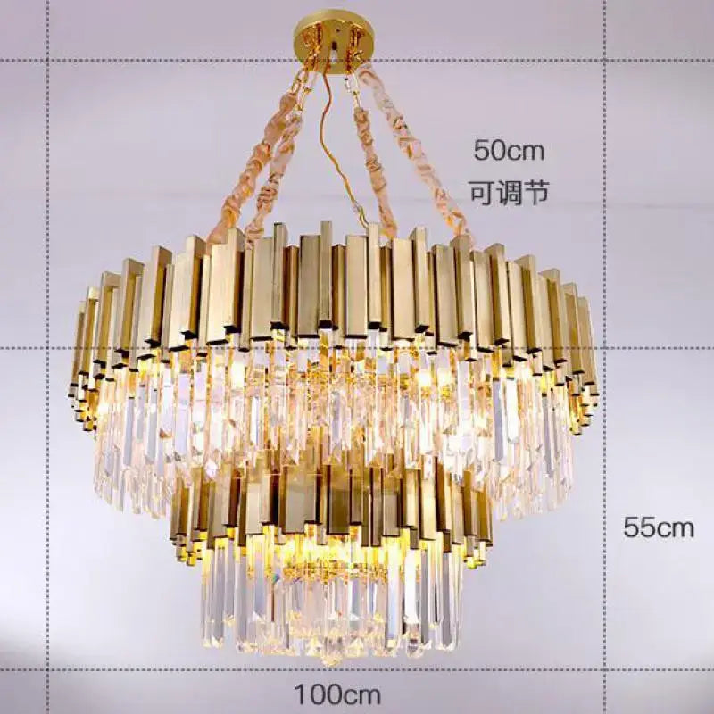 Gold-toned decorbites crystal chandelier with tiered metallic bars and cascading prisms for elegant living space lighting