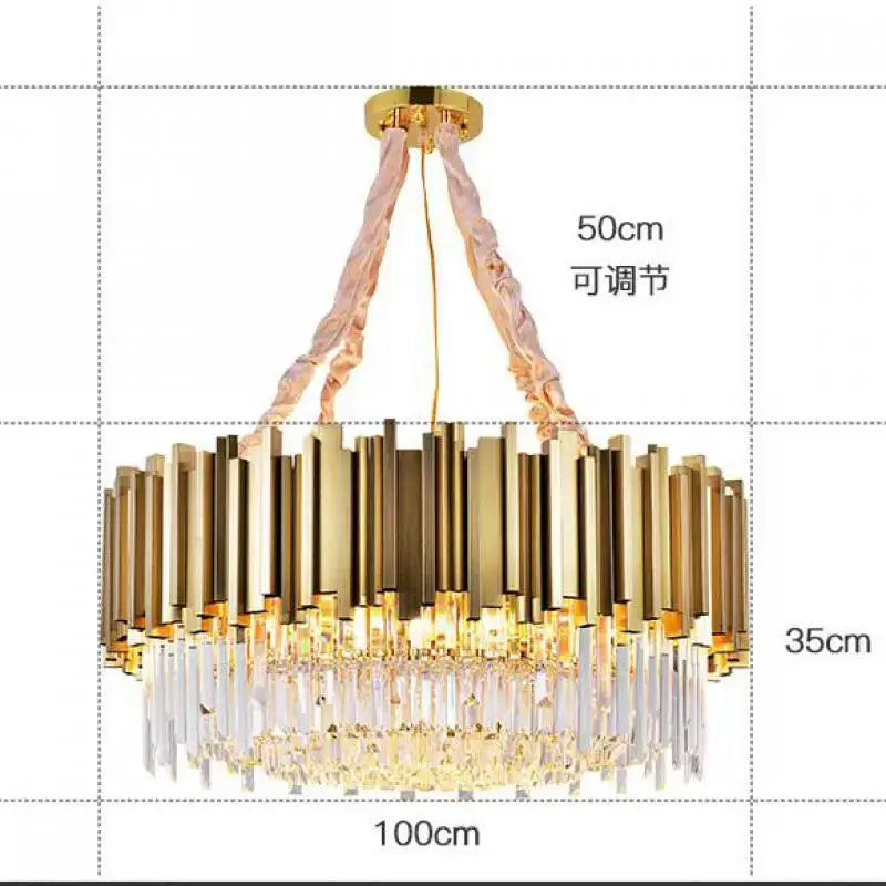 Gold-toned decorbites crystal chandelier with tiered design, vertical metallic rods, and cascading crystal droplets for living room