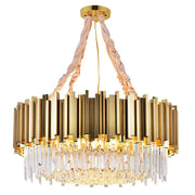 Gold-toned decorbites crystal chandelier with vertical brass bars and crystal prisms suspended by pink satin cords for living room