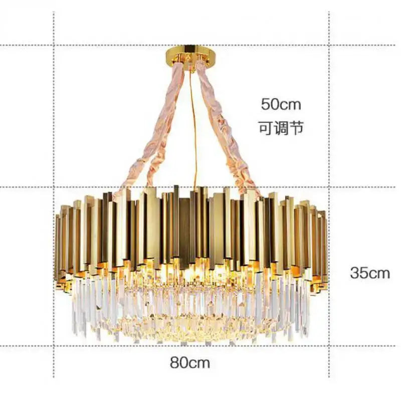 Gold-toned decorbites crystal chandelier with vertical metallic rods and dangling crystal droplets for living room and bedroom