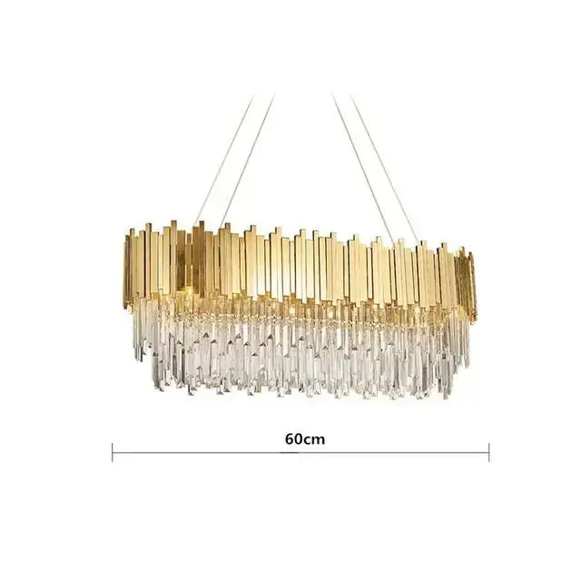 Gold-toned decorbites crystal chandelier with vertical metallic bars and cascading clear prisms for elegant living space lighting