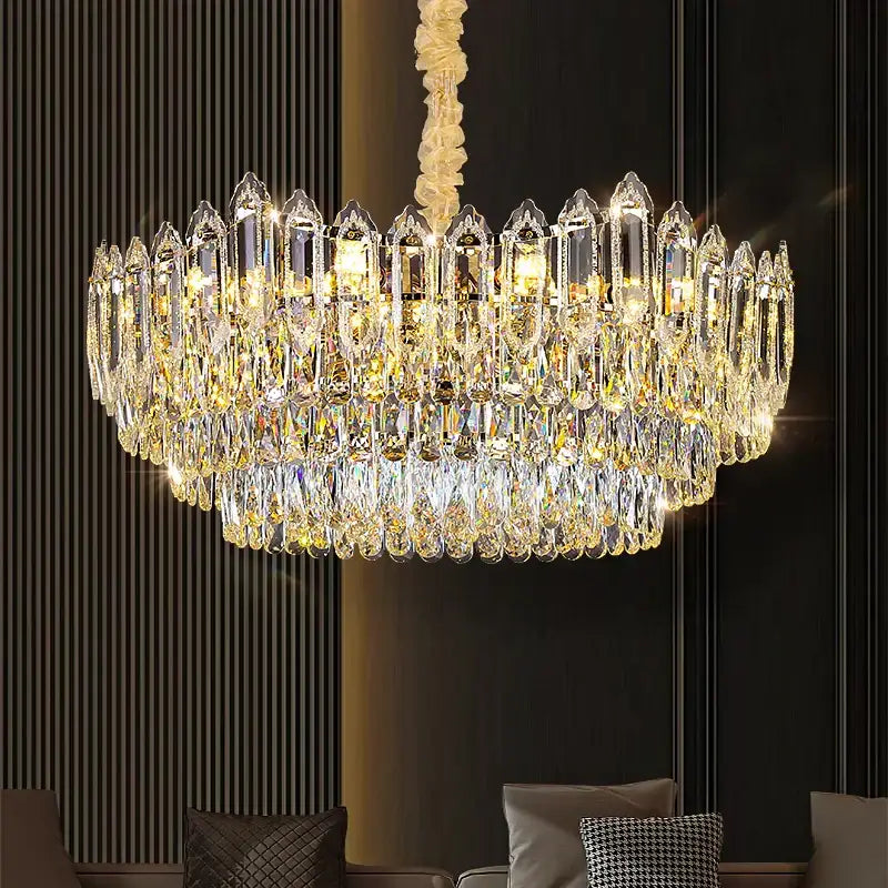 DecorBites crystal chandelier with multi-tier faceted glass prisms and warm lights for living dining bedroom use