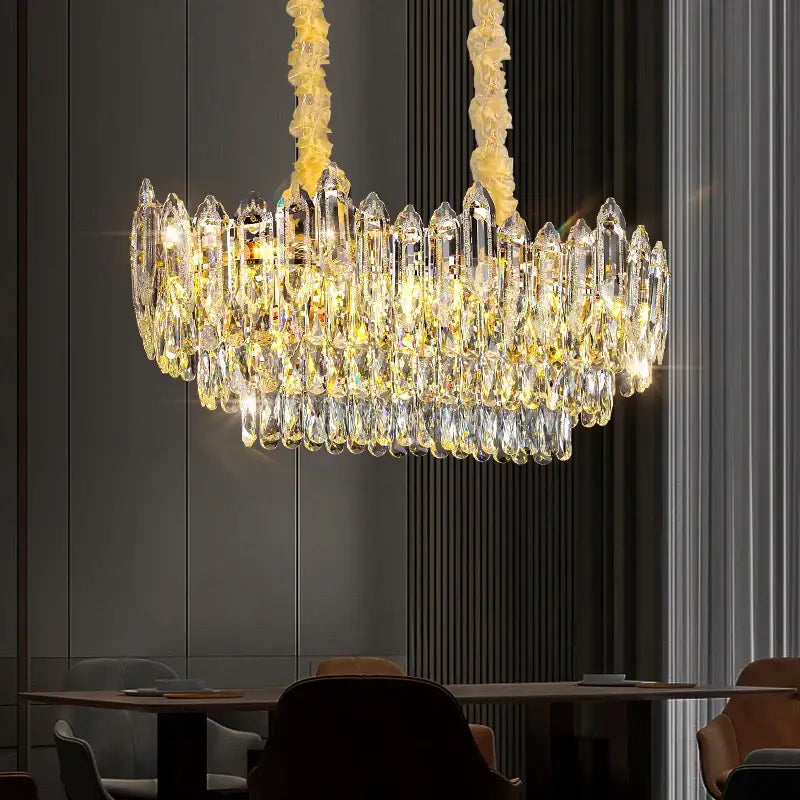 Luxurious decorbites crystal chandelier with cascading clear and golden-yellow glass prisms for living room and dining room