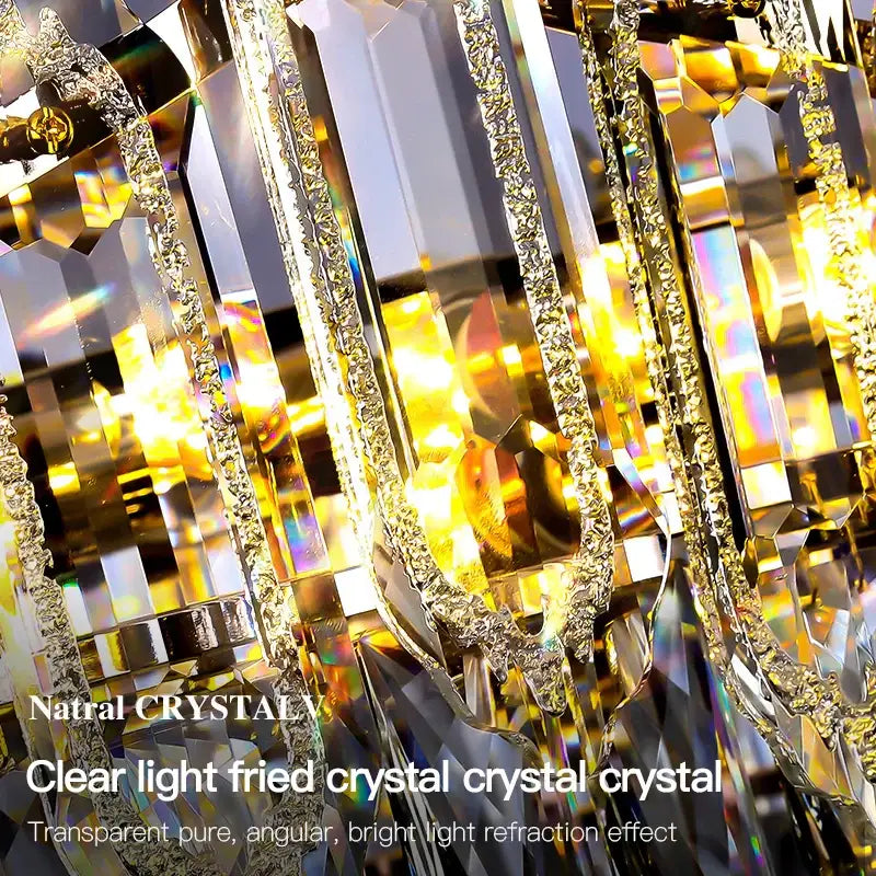 Golden-framed clear light-fried crystal chandelier with angular facets and bright refraction from DecorBites crystal chandelier