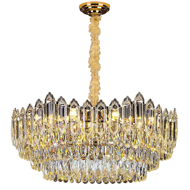 Golden decorbites crystal chandelier with cascading crystal prisms and twisted translucent stem for elegant interiors