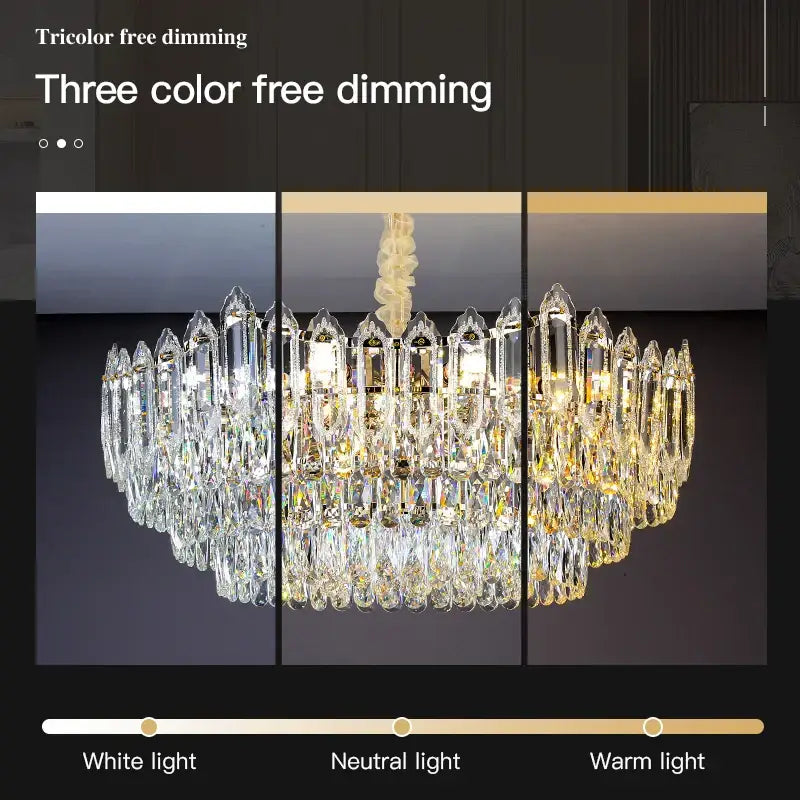 Decorbites crystal chandelier with three tiers of faceted glass prisms and gold fixture featuring tricolor free dimming