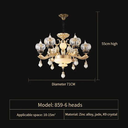 Gold-toned decorbites crystal chandelier with six k9 crystal lights and jade beads for living dining and bedroom use
