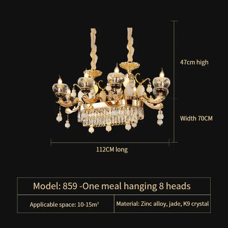 Gold-toned decorbites crystal chandelier with eight candle lights clear k9 crystals and jade accents for living dining bedroom