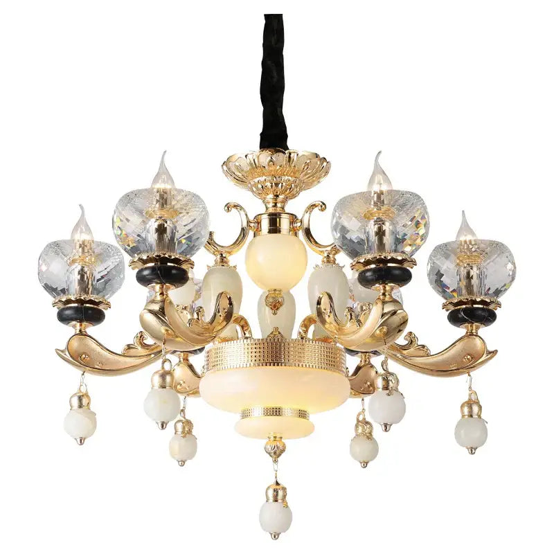 Gold-toned decorbites crystal chandelier with opalite accents and crystal globe shades for living dining and bedroom use