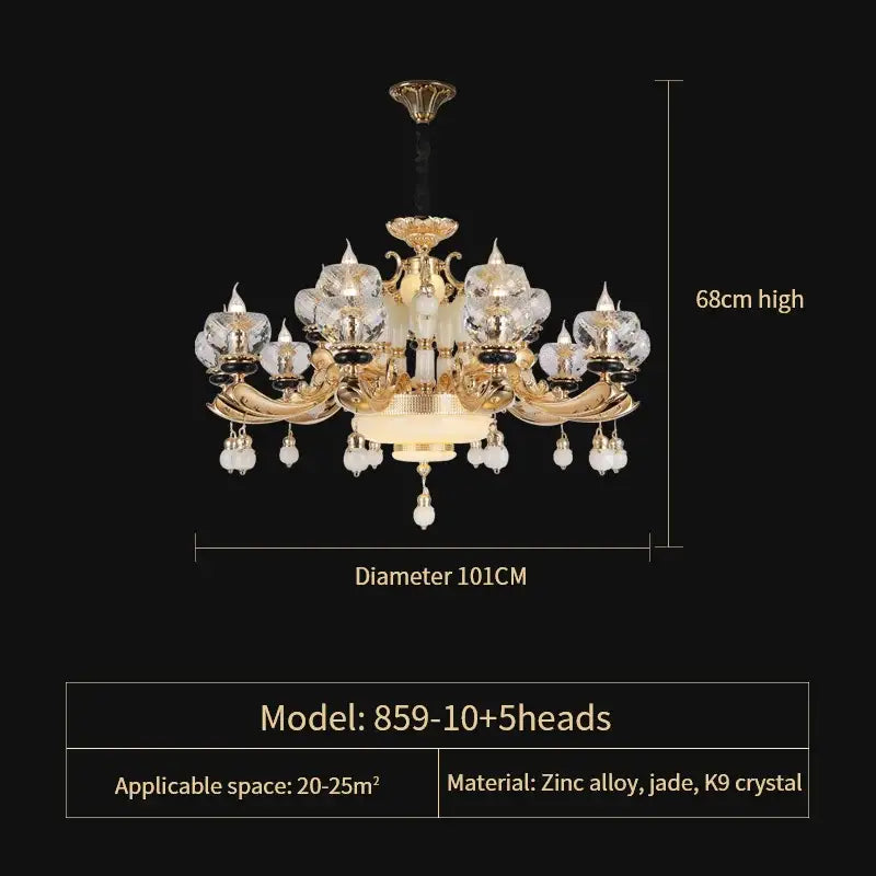 Gold-toned decorbites crystal chandelier with five ornate arms and dangling k9 crystals for elegant living spaces