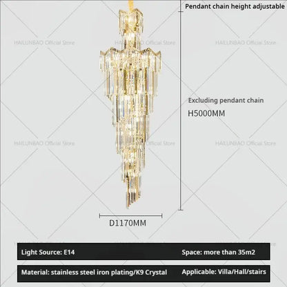 DecorBites crystal chandelier with cascading K9 crystal prisms and stainless steel frame for luxury villa lighting