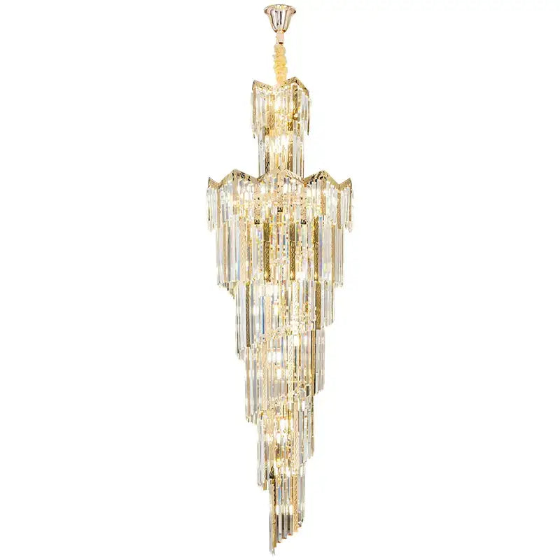 A tall elegant gold-toned decorbites crystal chandelier with cascading clear crystal prisms for luxury middle floor lighting