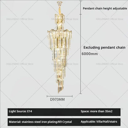 Gold-toned decorbites crystal chandelier with cascading k9 crystal prisms and stainless steel plating for luxury lighting