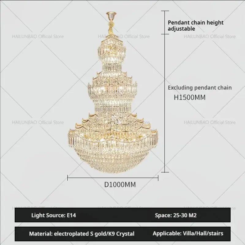 A luxurious decorbites crystal chandelier with cascading crystal strands and electroplated gold finish for villa lobbies