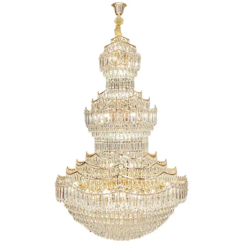 A decorbites crystal chandelier featuring multi-tiered gold-toned metal accents with cascading clear crystals for european villa lobbies