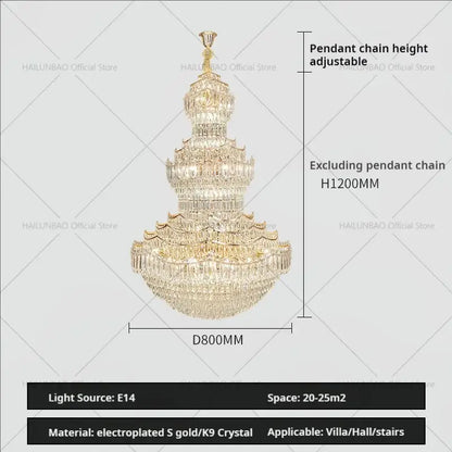 Decorbites crystal chandelier with electroplated gold finish and k9 crystal elements for european villa lobby staircase