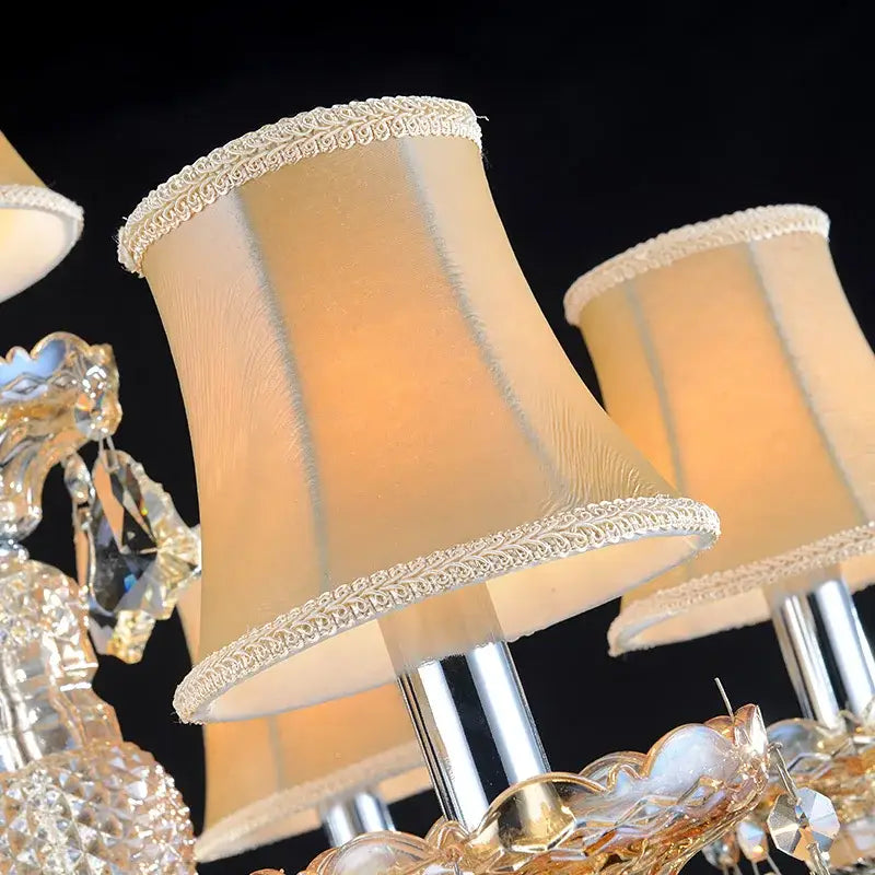Cream-colored fabric lamp shades with delicate lace trim on decorbites crystal chandelier floor lamp for elegant decor