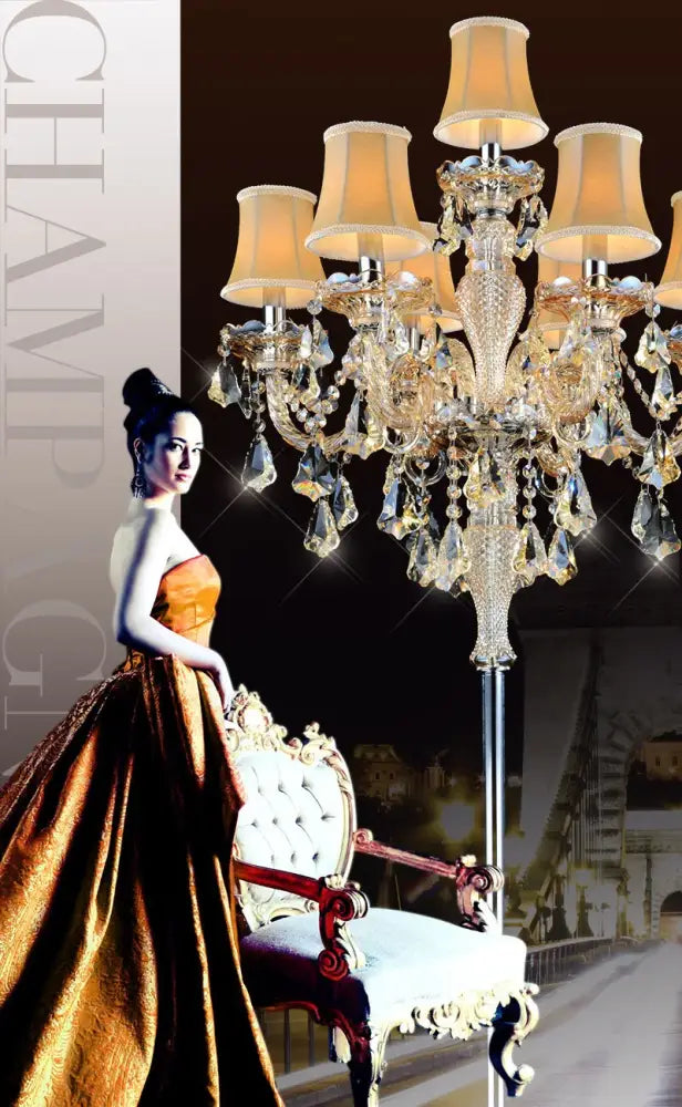 Decorbites crystal chandelier floor lamp with beige lampshades and crystal droplets for elegant living room decor